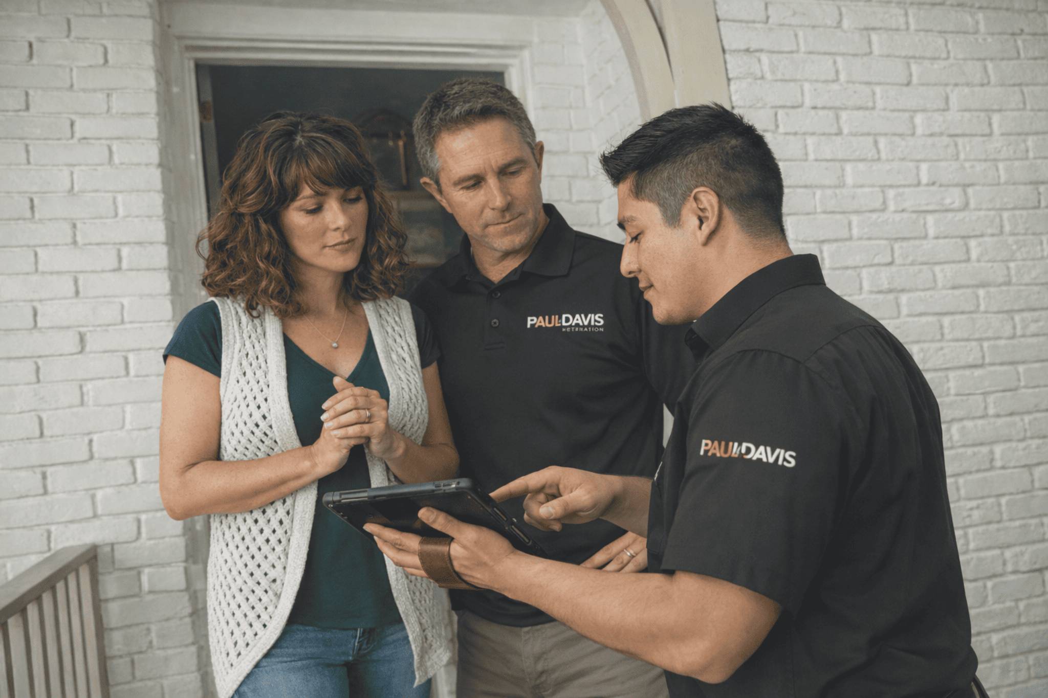 Paul Davis Restoration technician reviewing damage assessment with homeowners on tablet in Reno and Tahoe NV, providing professional property restoration and insurance claim support