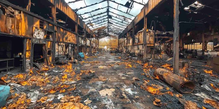 Extensive commercial fire damage inside burned warehouse, debris and active flames, professional fire damage restoration services in Reno and Tahoe NV